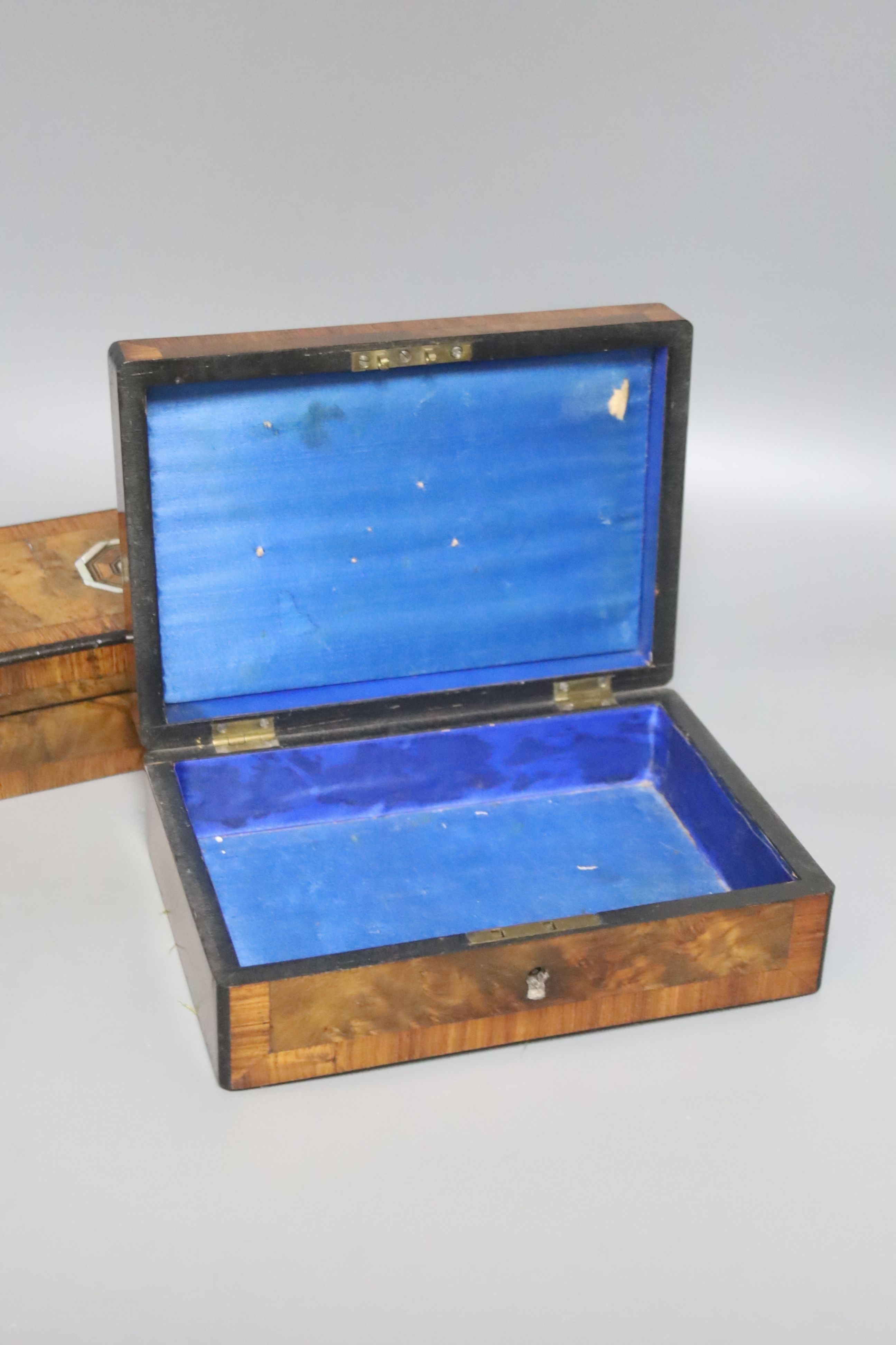 A victorian mother of pearl inset jewellery box and a glove box